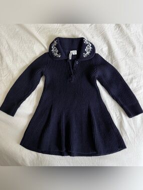 Janie and Jack Navy Ribbed Knit Dress with White Embroidered Floral Collar